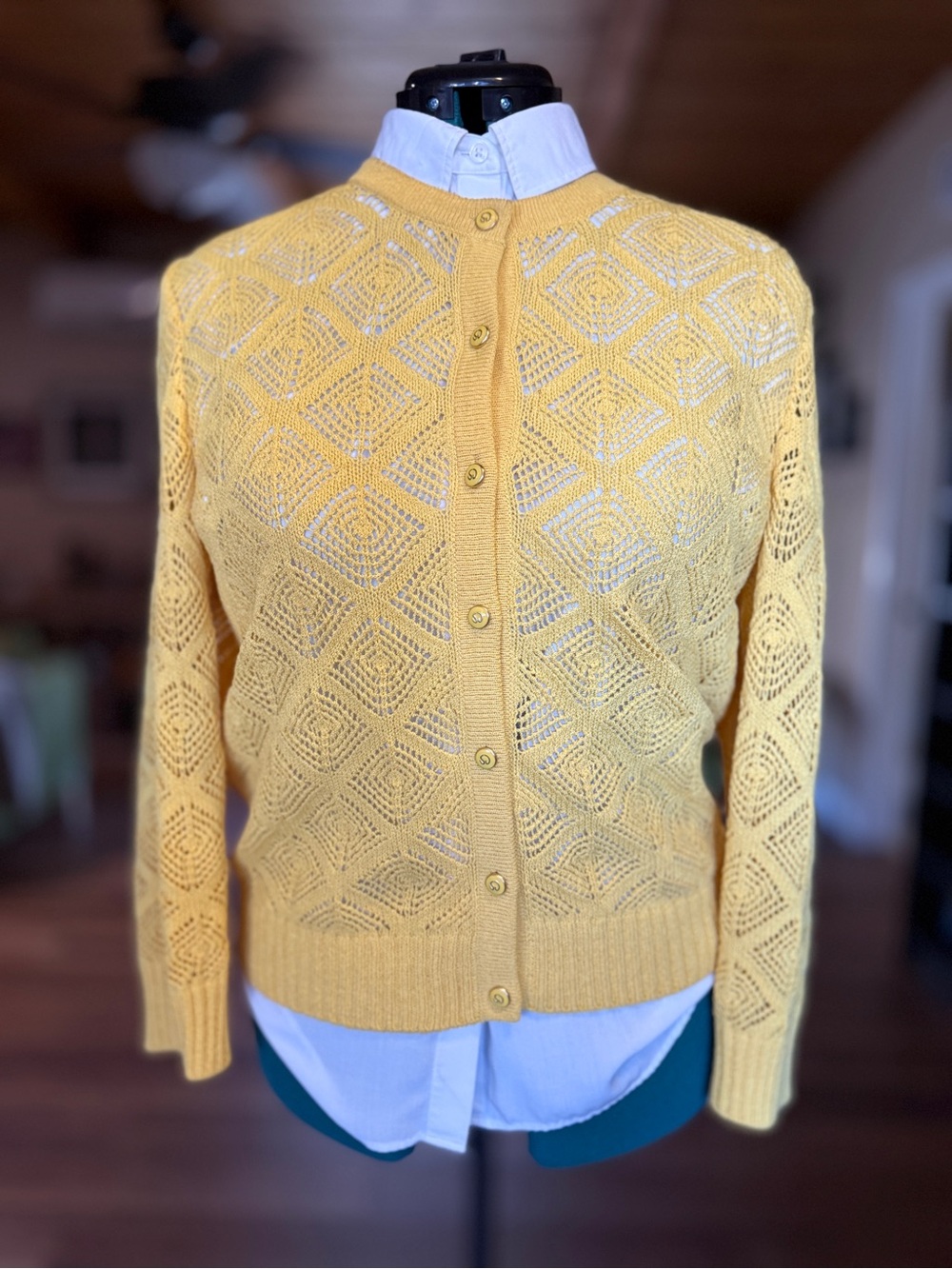 Vintage St. John Yellow Openwork Knit Cardigan Size M - Picture 3 of 8